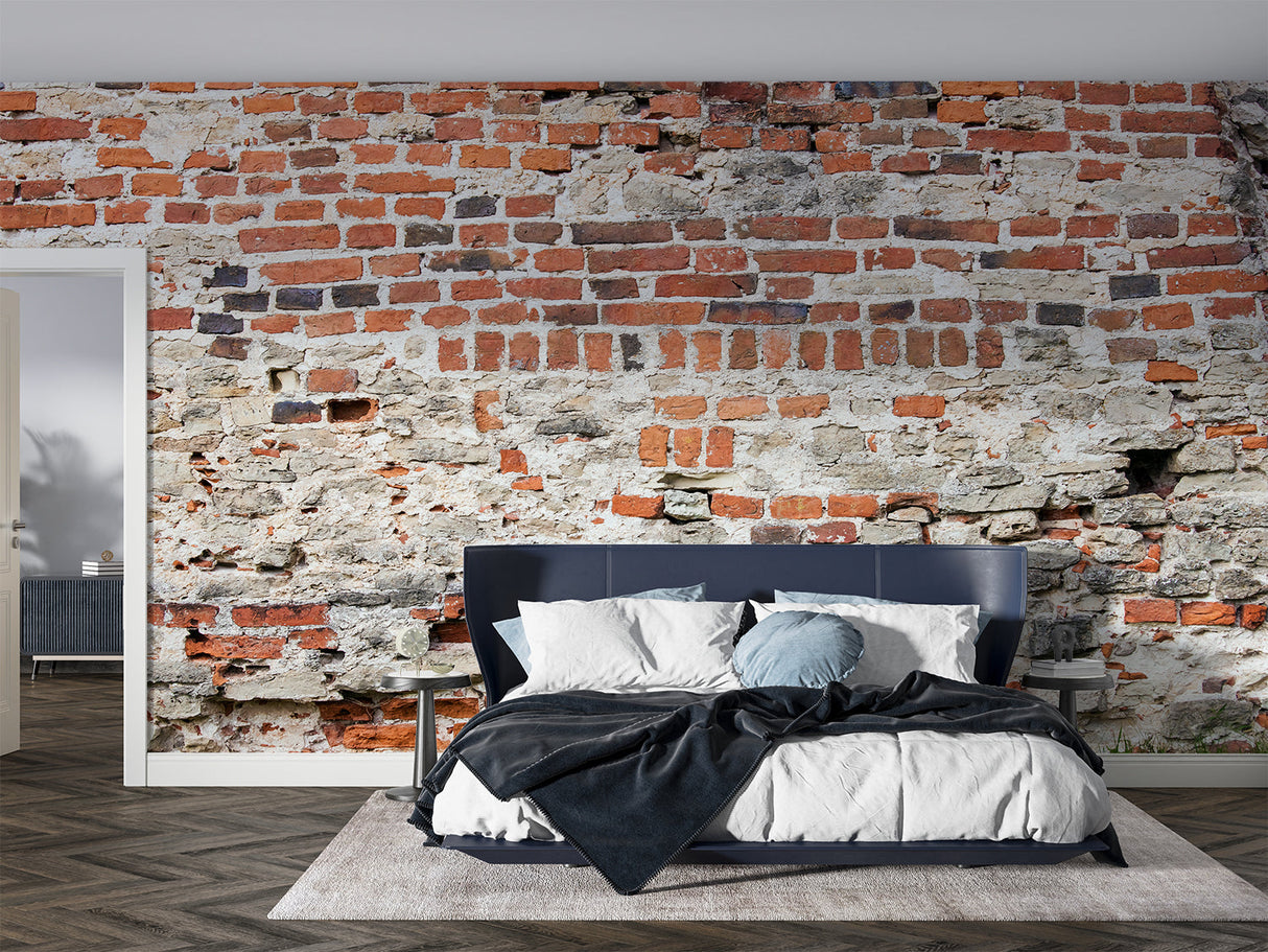 Exposed brick effect wallpaper in modern bedroom setting