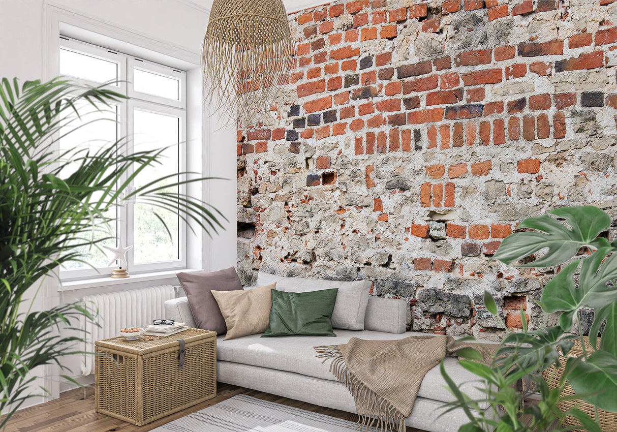 Vintage brick wall mural in cozy bedroom creating warm industrial atmosphere