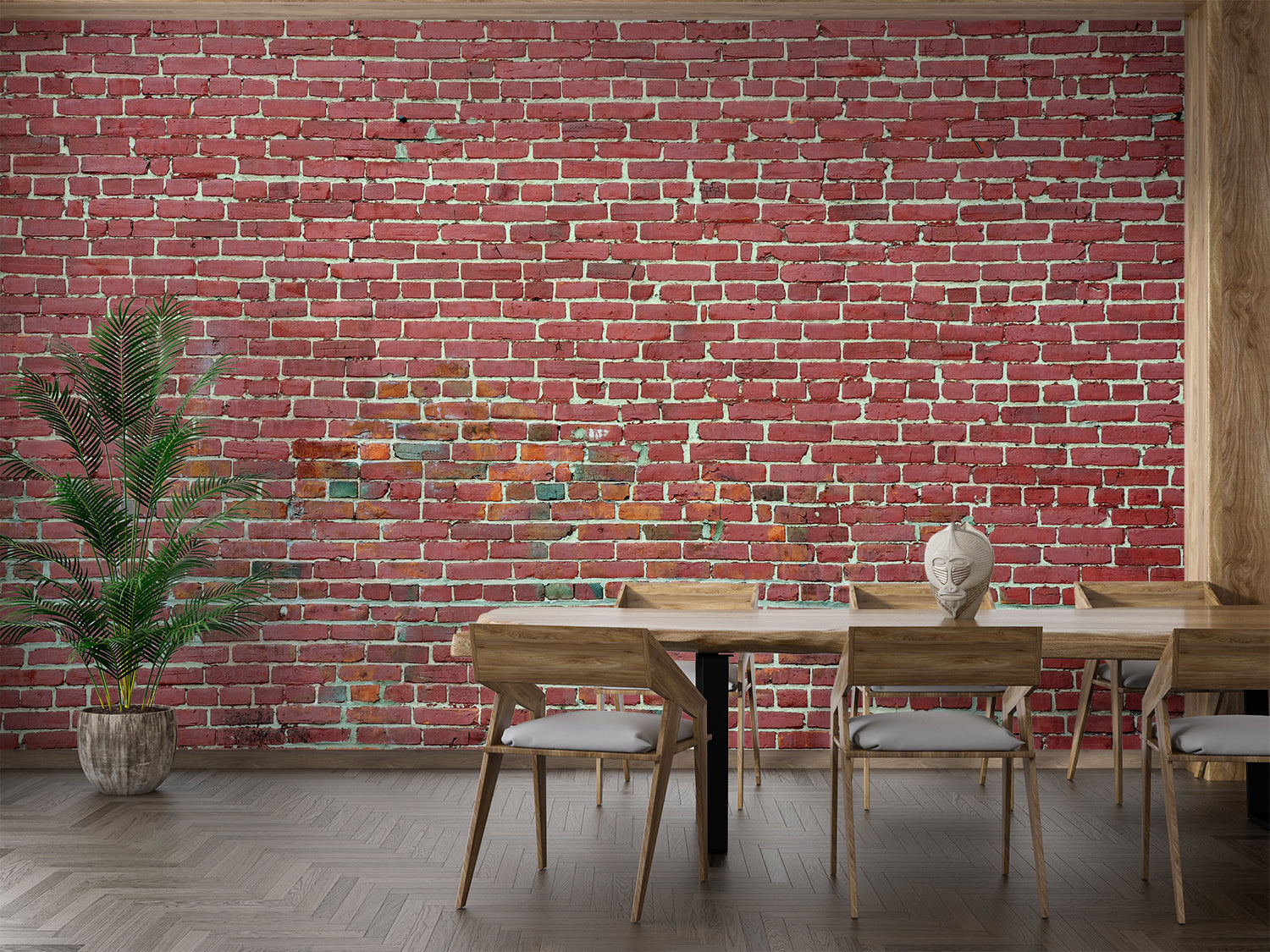 Red brick wallpaper in modern living room with leather sofa and industrial lighting