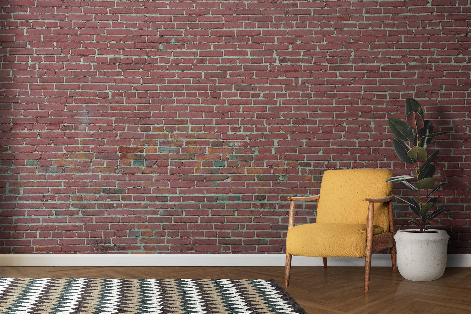 Vintage brick wallpaper creating feature wall in dining room with pendant lights