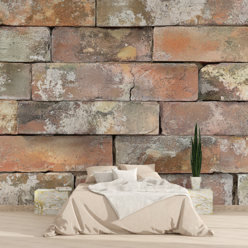 Textured brick wallpaper adding warmth to minimal dining room setup