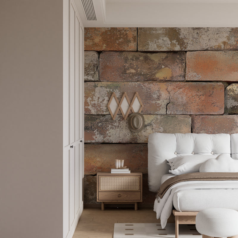 Industrial brick mural creating depth in contemporary bedroom setting