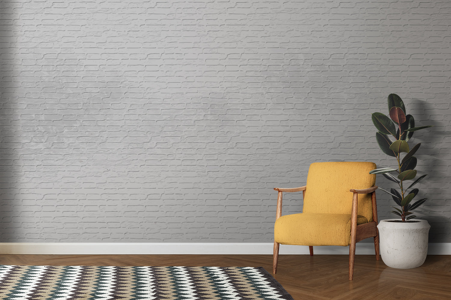 White textured brick mural in minimalist bedroom with black accents