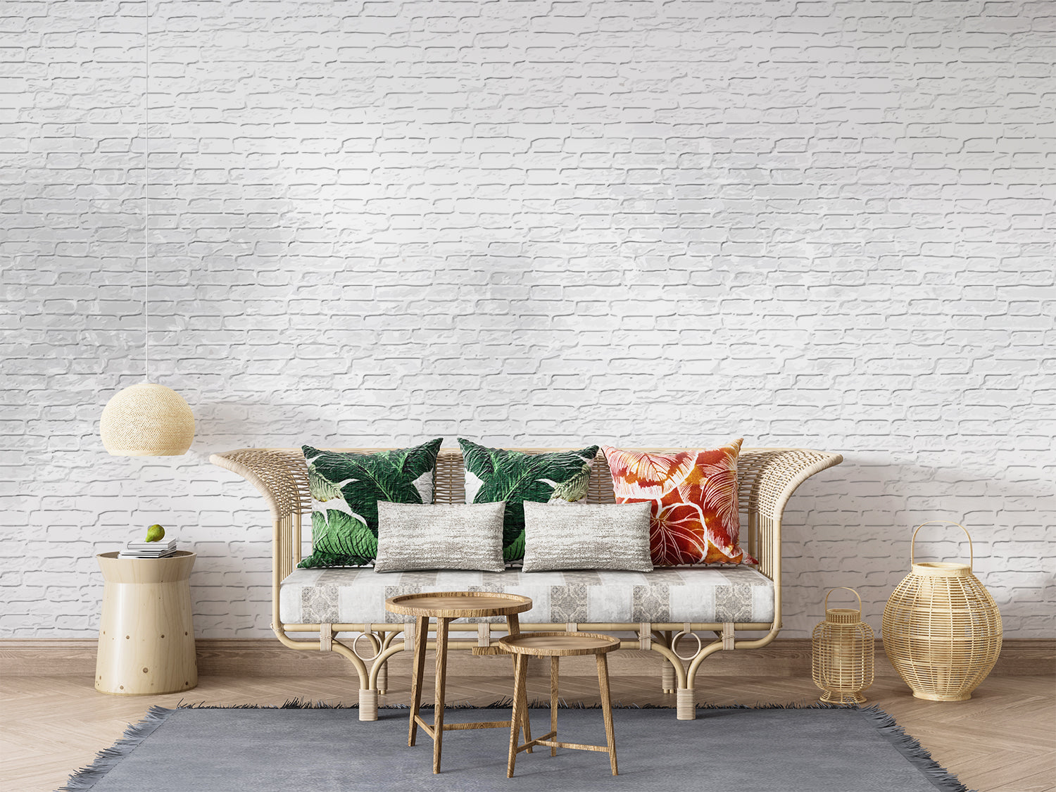 Modern office space showcasing white brick wall mural with clean lines