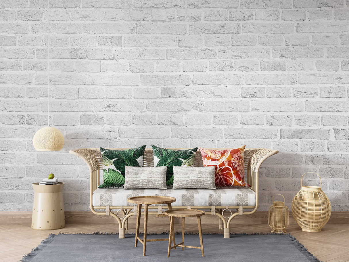 Industrial brick wall mural in minimalist kitchen with steel appliances