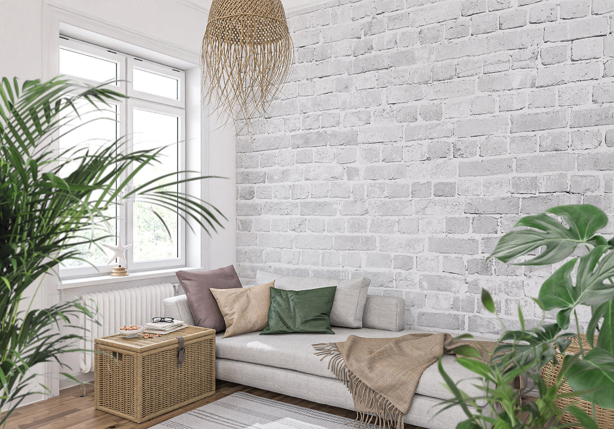 White brick wallpaper in modern living room creating an urban industrial feel