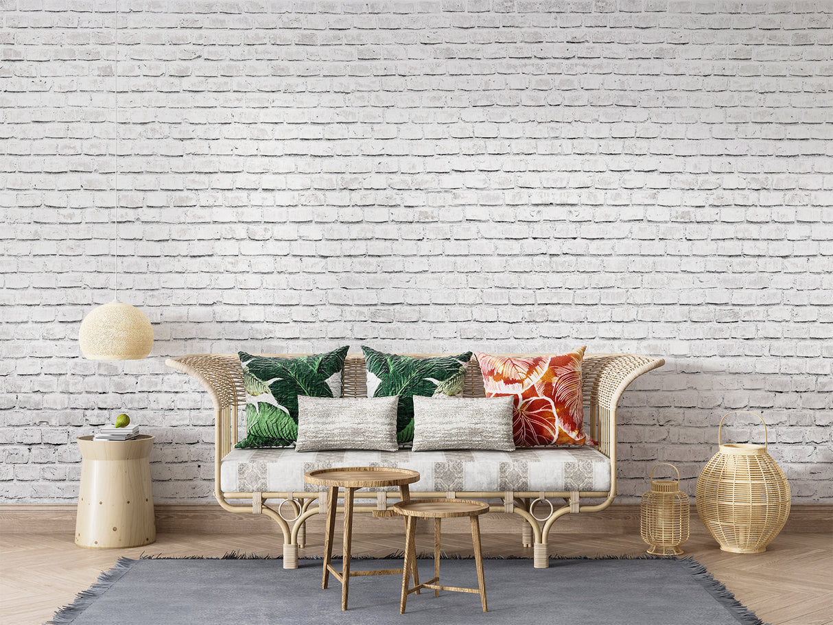 Industrial white brick mural in contemporary kitchen space with natural lighting