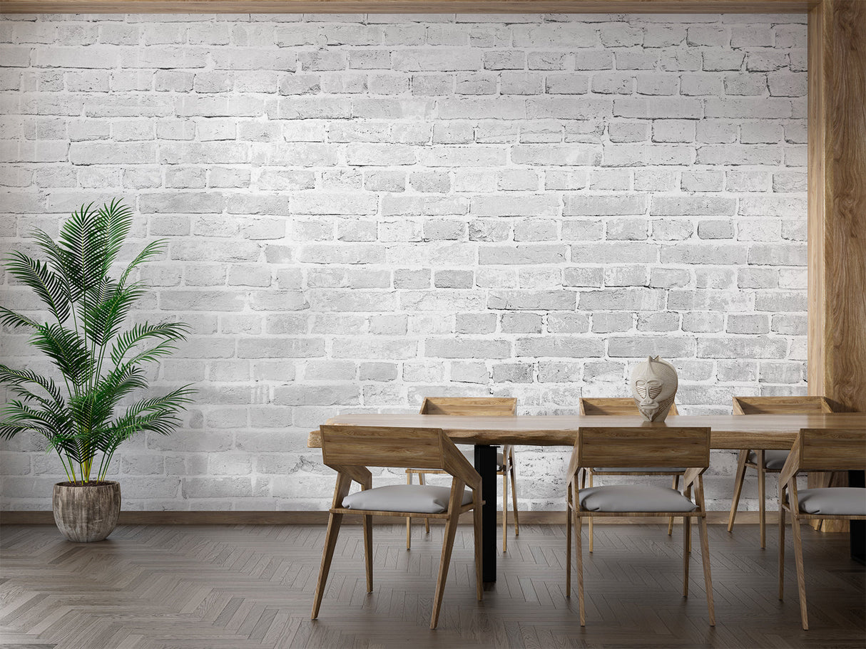 Industrial white brick mural wallpaper in kitchen with stainless steel appliances