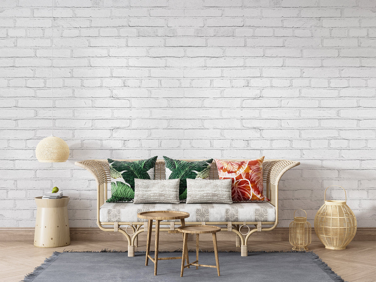 Home office with white brick wallpaper creating a clean, professional backdrop