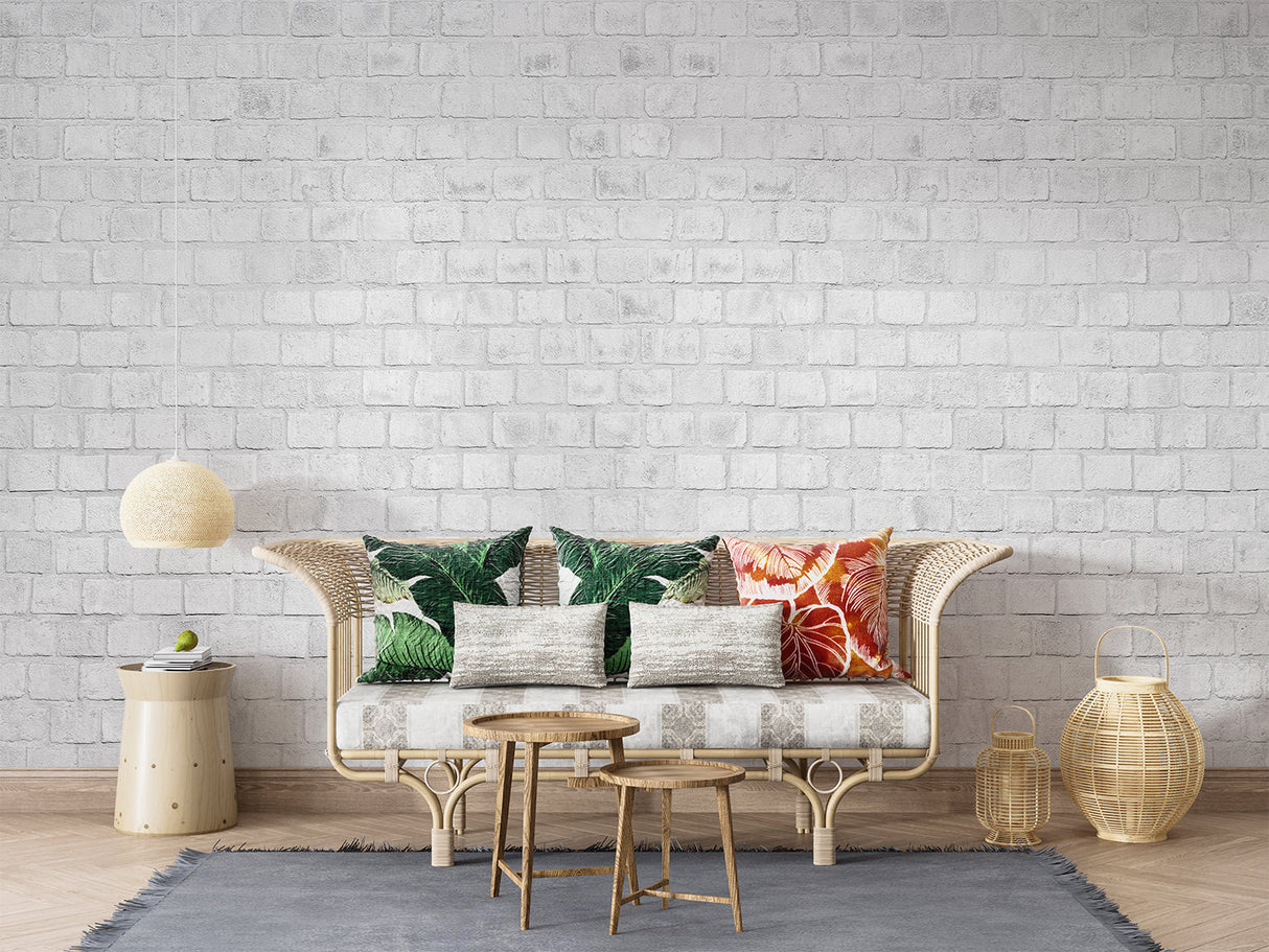 Industrial white brick wallpaper featured in minimalist bedroom setting
