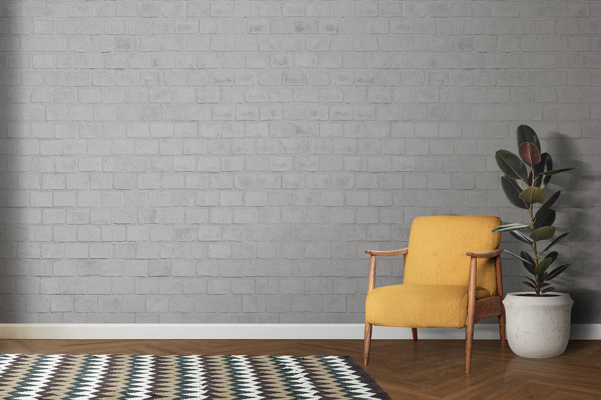 Textured white brick wall mural in contemporary dining room space