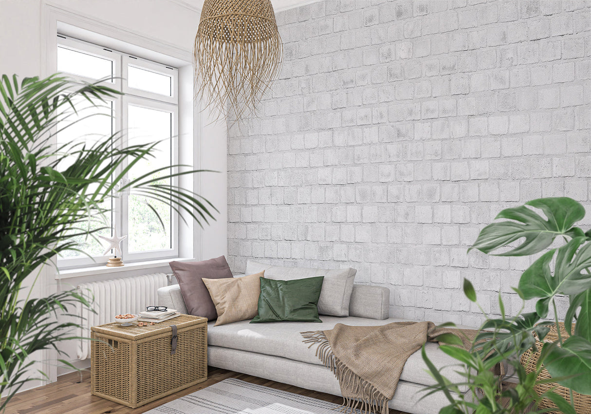 Modern white brick wallpaper installation in urban loft kitchen