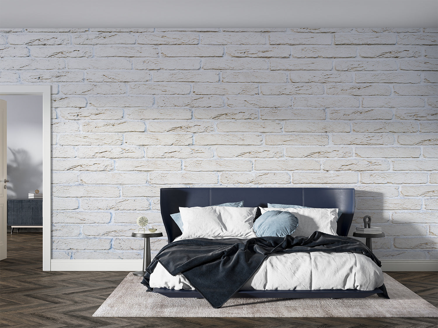 White brick wall mural in modern living room showing clean textured stone effect