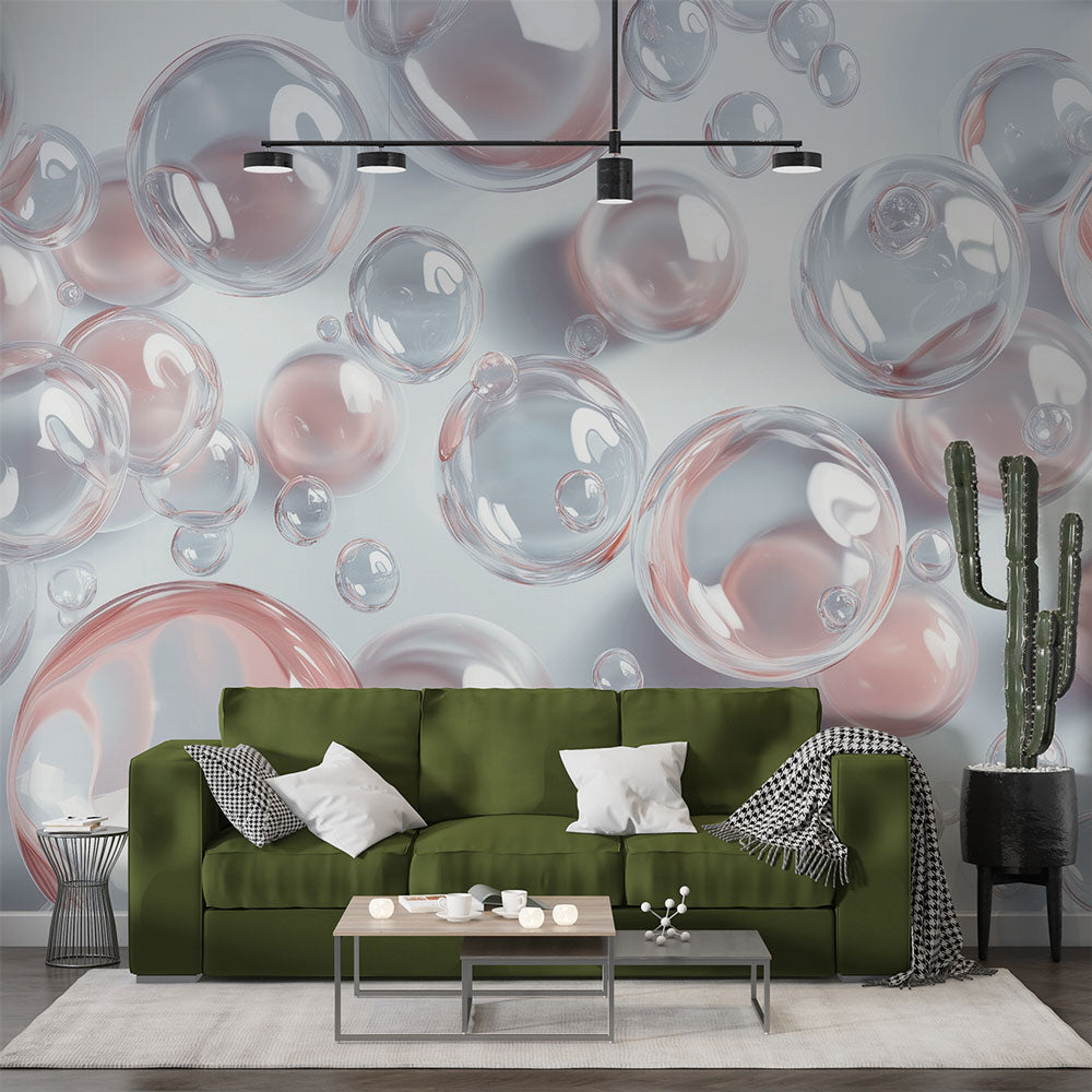 Pink bubble wallpaper creating depth in modern living room, floating 3D spheres catching natural light