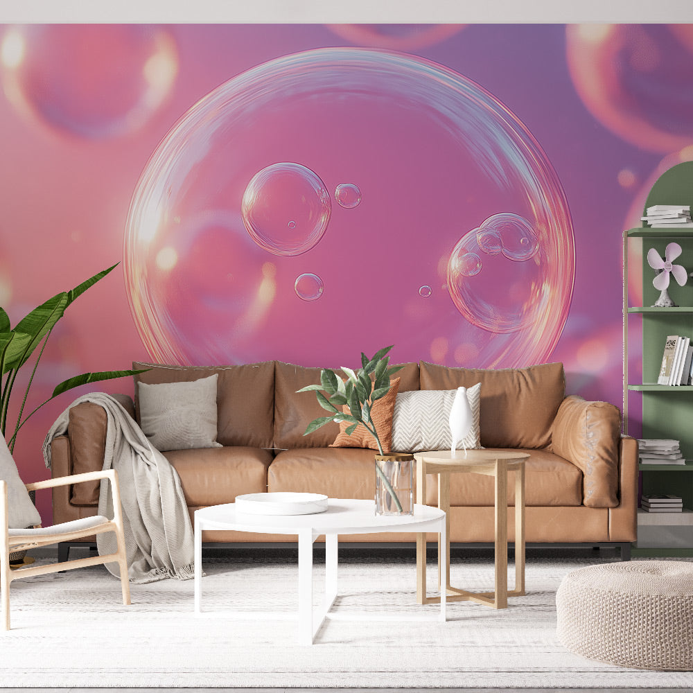 Pink bubble wallpaper creating a dreamy atmosphere in a modern bedroom, iridescent spheres floating on soft purple background