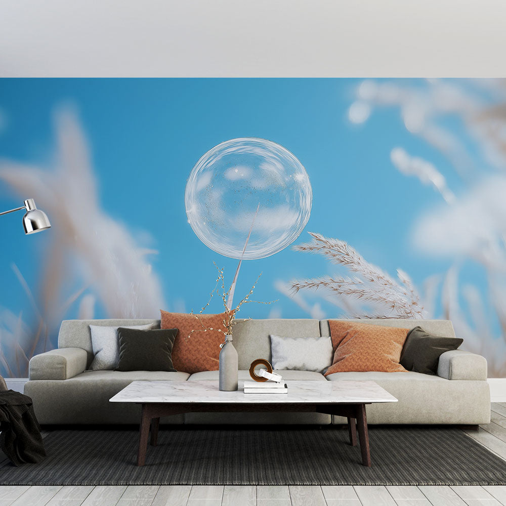 Bubble wall mural creating a peaceful atmosphere in a modern living room with natural light and minimalist furniture
