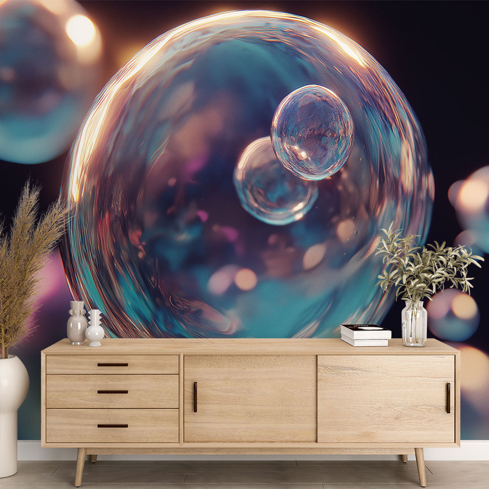 Blue and pink Bubble Wallpaper creating a dreamy atmosphere in a modern living room with natural light