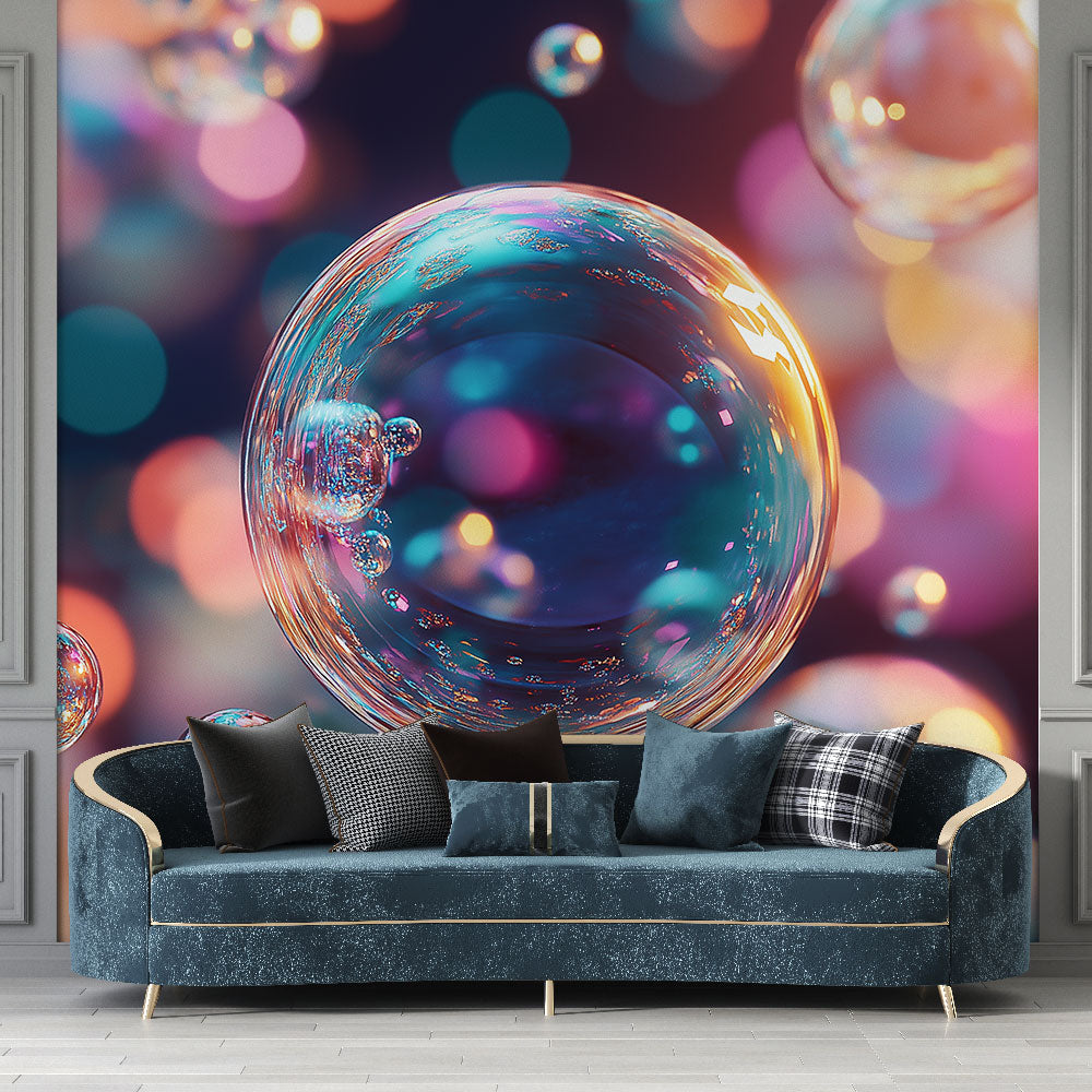Bubble wall mural creating a dreamy atmosphere in a modern living room, pink and blue iridescent spheres floating on wall