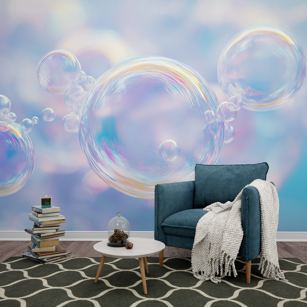 Bubble wall mural with iridescent pastels creating a dreamy atmosphere in a modern living room