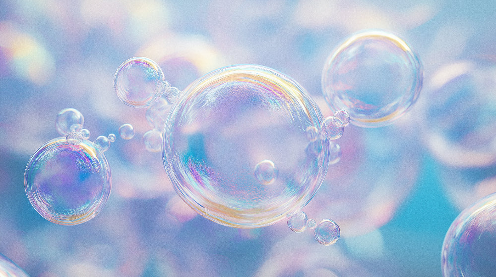 Iridescent bubble wallpaper design file showing floating spheres in pastel rainbow hues