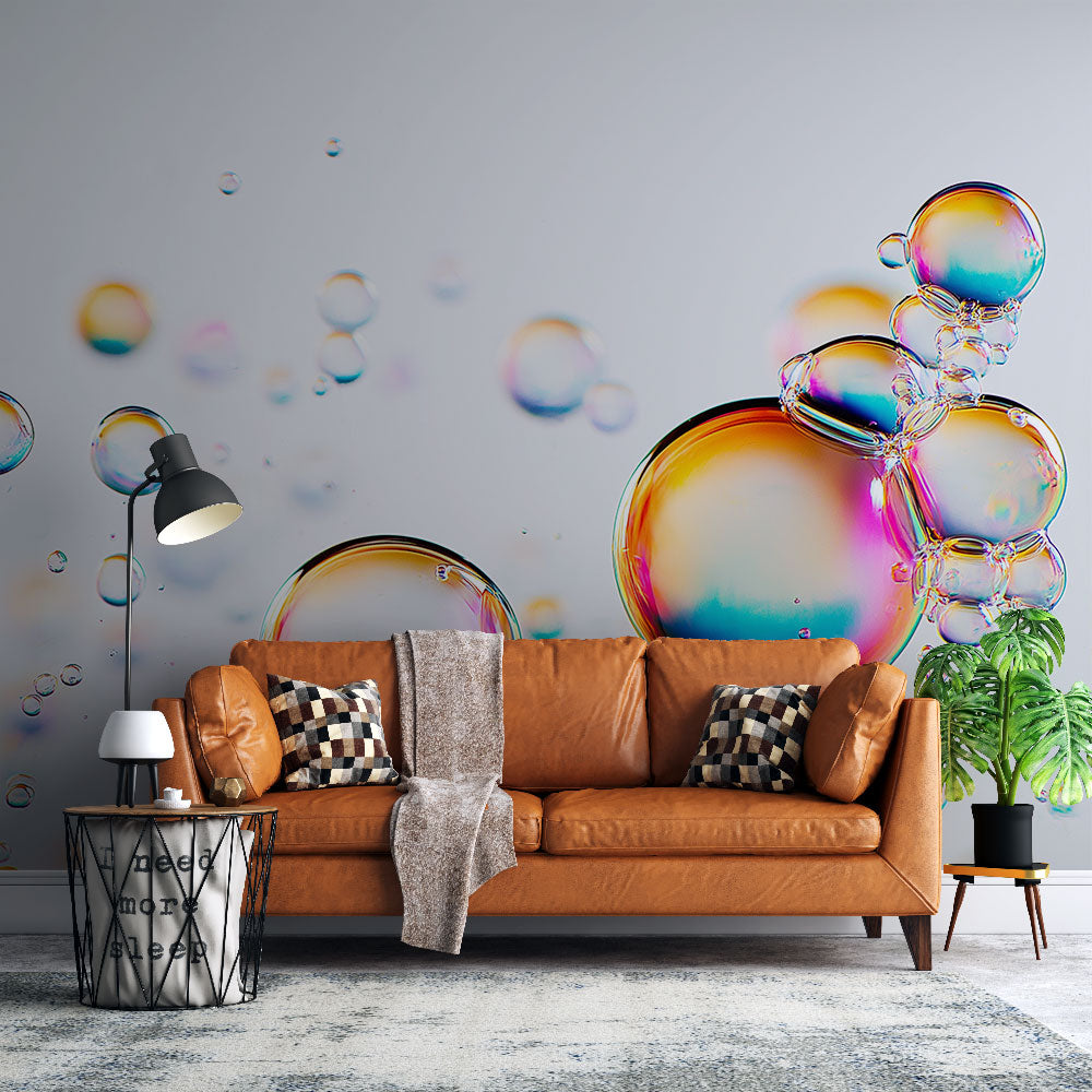 Iridescent bubble wallpaper creating a stunning effect in a modern living room with natural light highlighting the rainbow colors