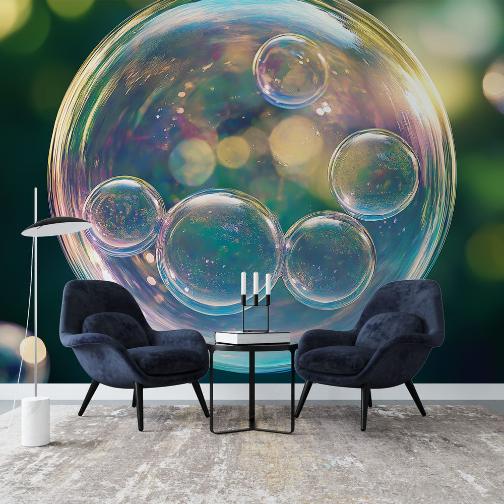 Bubble mural wallpaper with iridescent spheres creating rainbow effects in a modern living room with natural light