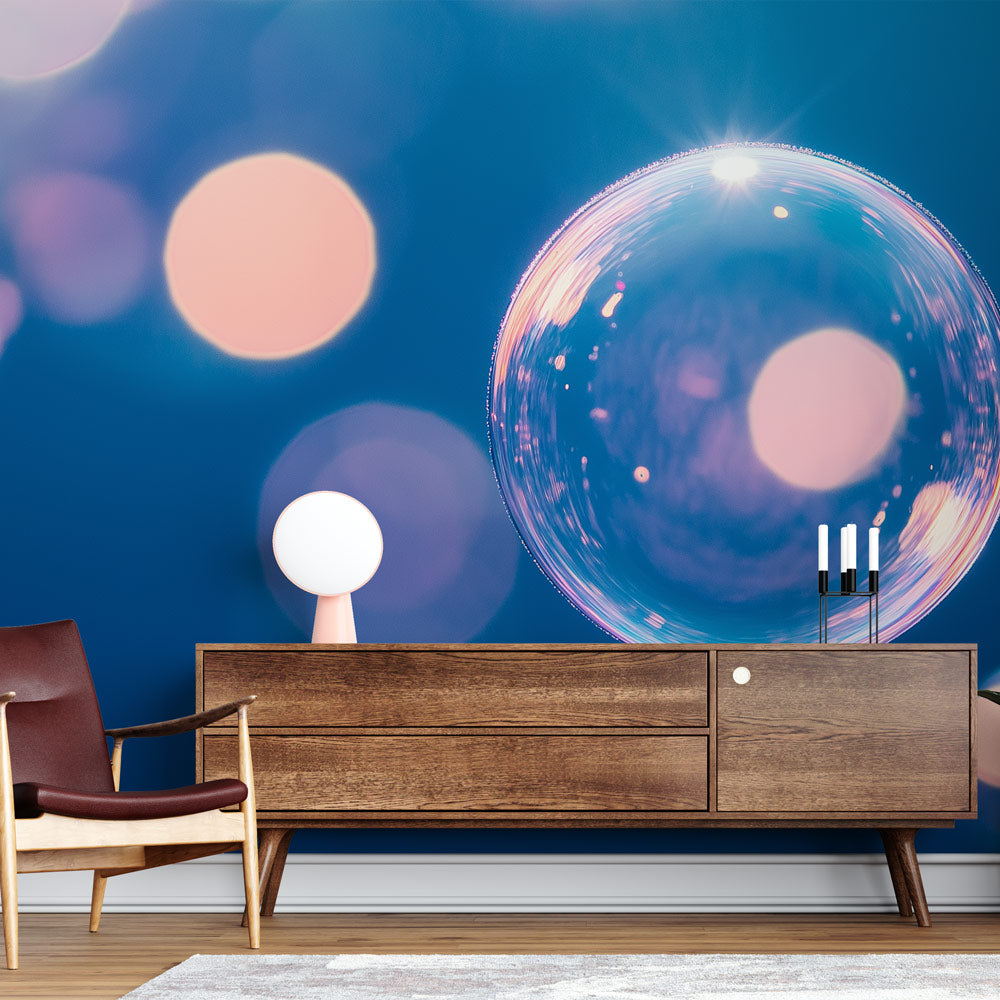 Bubble wallpaper creating a magical atmosphere in a bright kids bedroom, floating spheres catching light
