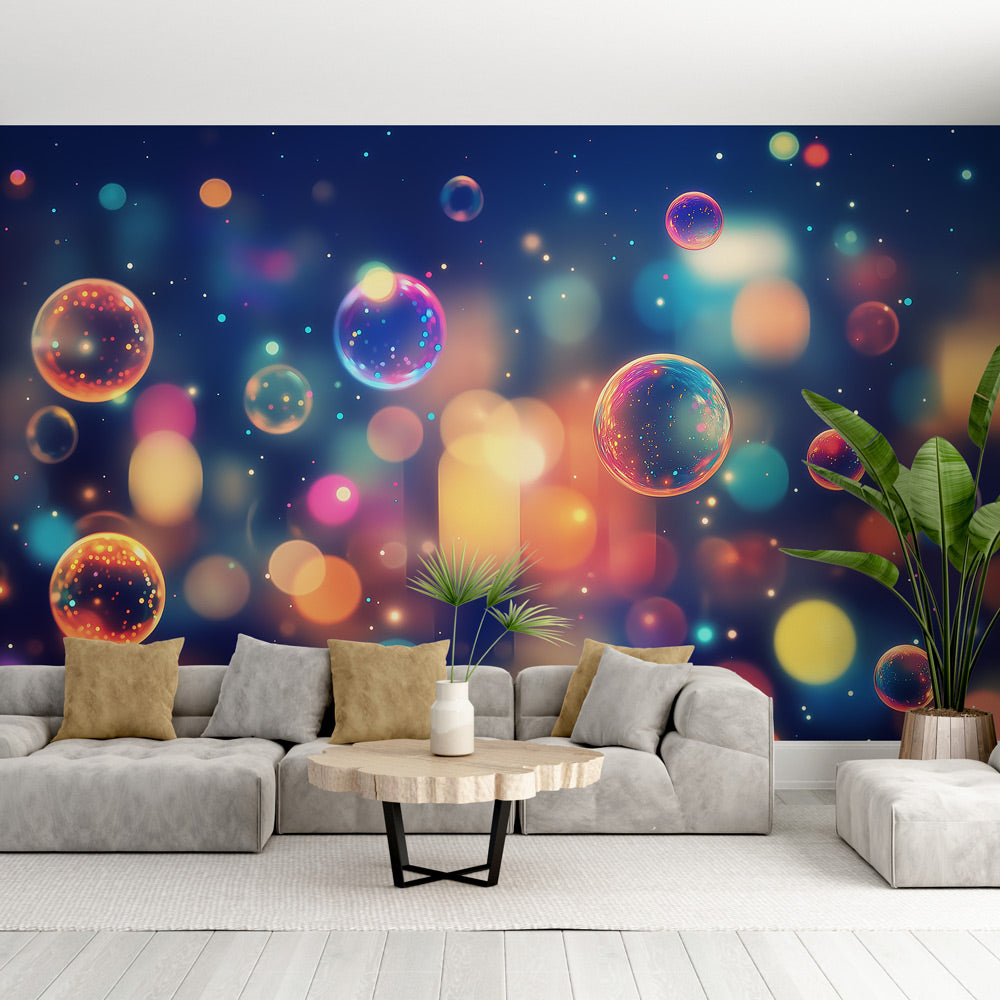 Bubble wallpaper mural creating a magical atmosphere in a modern living room with soft evening lighting