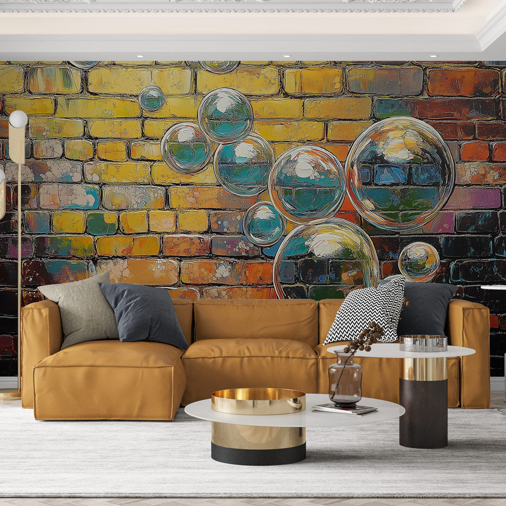 Bubble street art wallpaper adding urban style to modern living room with yellow brick pattern and floating spheres
