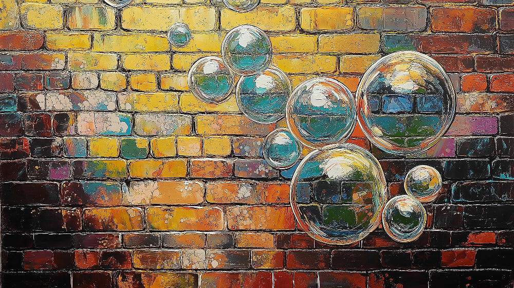 Street art bubble wallpaper design file showing yellow brick wall with floating crystal spheres pattern