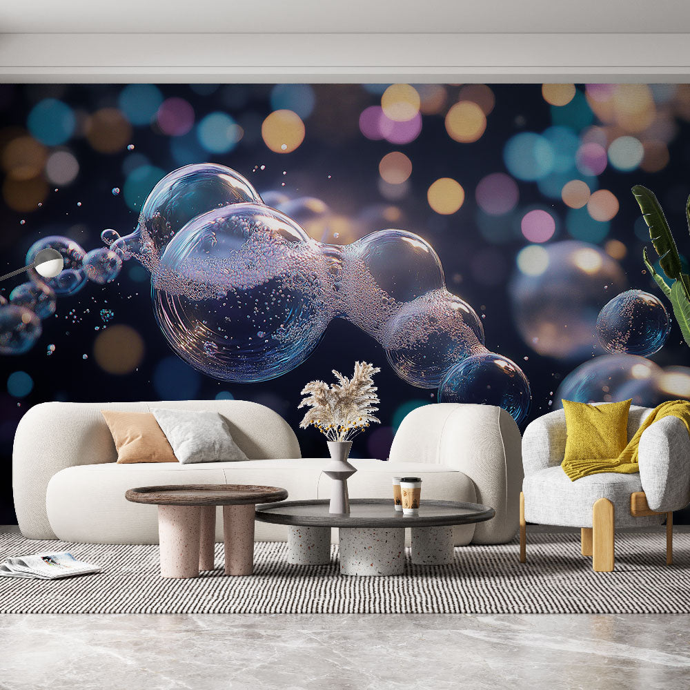 Bubble wallpaper with magical bokeh effect creating a dreamy atmosphere in a modern living room