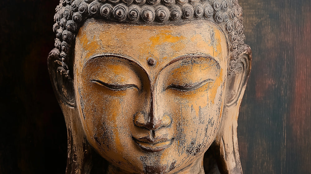 Buddha mural wallpaper creating serene atmosphere in modern meditation room with minimal furniture and soft lighting