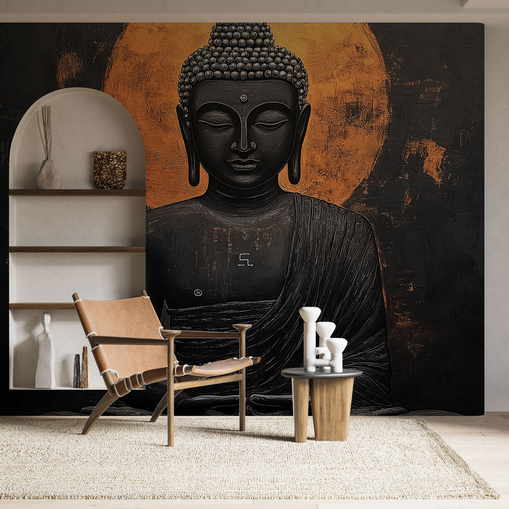 Black and gold Buddha wall mural creating a peaceful atmosphere in a modern living room with minimalist furniture
