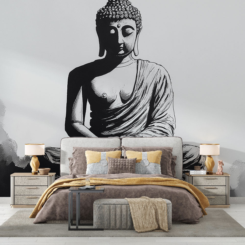 Buddha wallpaper creating a peaceful meditation corner in a modern living room with natural light and minimalist furniture