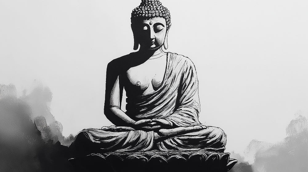 Black and white Buddha meditation art design file showcasing intricate monochromatic details