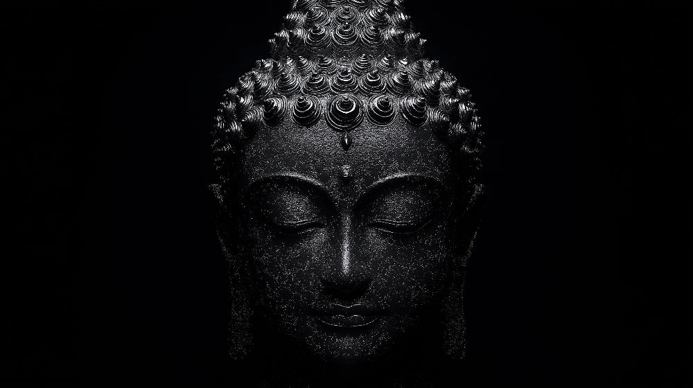 Black and white Buddha portrait design file showing intricate details and meditation pose
