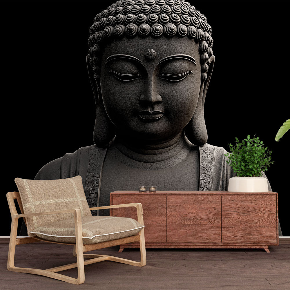 Buddha wall mural creating a peaceful meditation corner in a modern living room with minimalist furniture and soft lighting