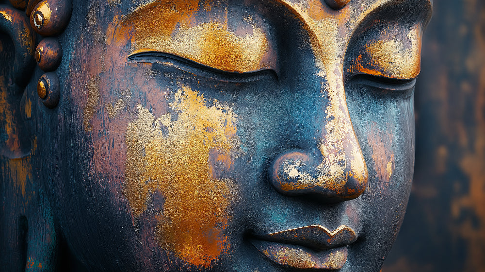 Buddha wallpaper mural in modern meditation room, blue and gold tones creating peaceful atmosphere