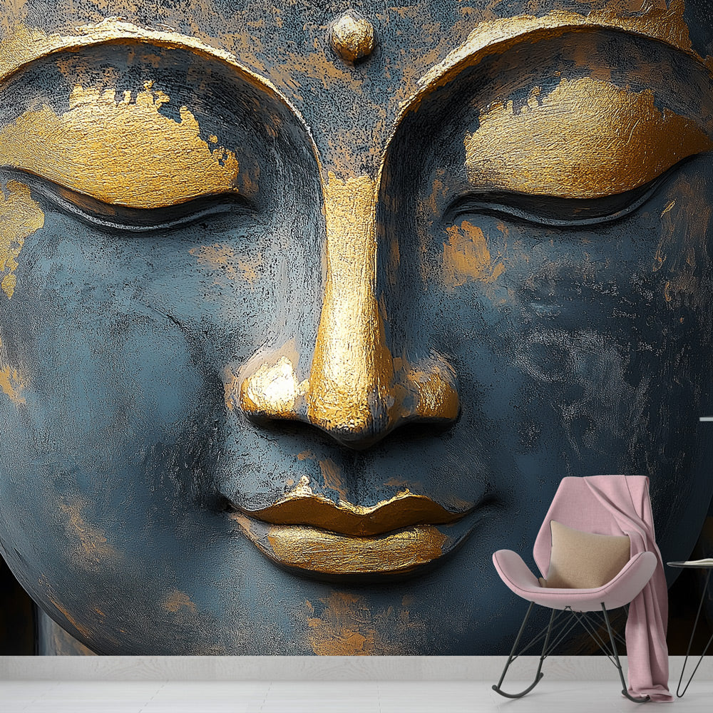 Buddha wall mural in blue and gold tones creating a peaceful meditation room with soft lighting and bamboo accents