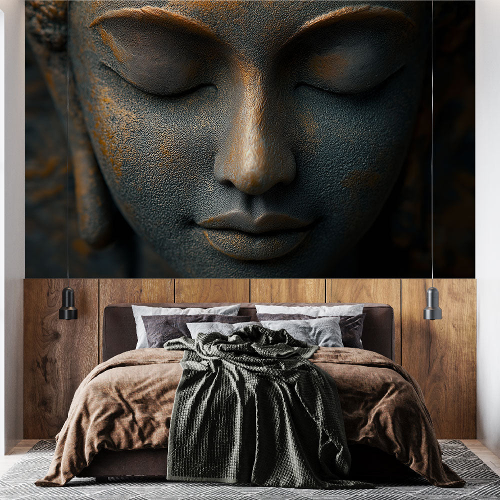 Bronze Buddha wallpaper creating a peaceful meditation corner in a modern living room with soft lighting and zen decor
