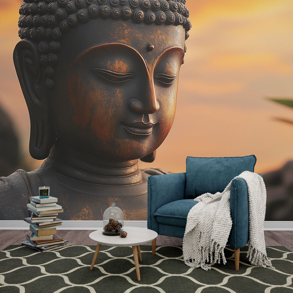 Buddha wall mural in modern meditation room, bronze statue creates peaceful atmosphere with warm sunset glow
