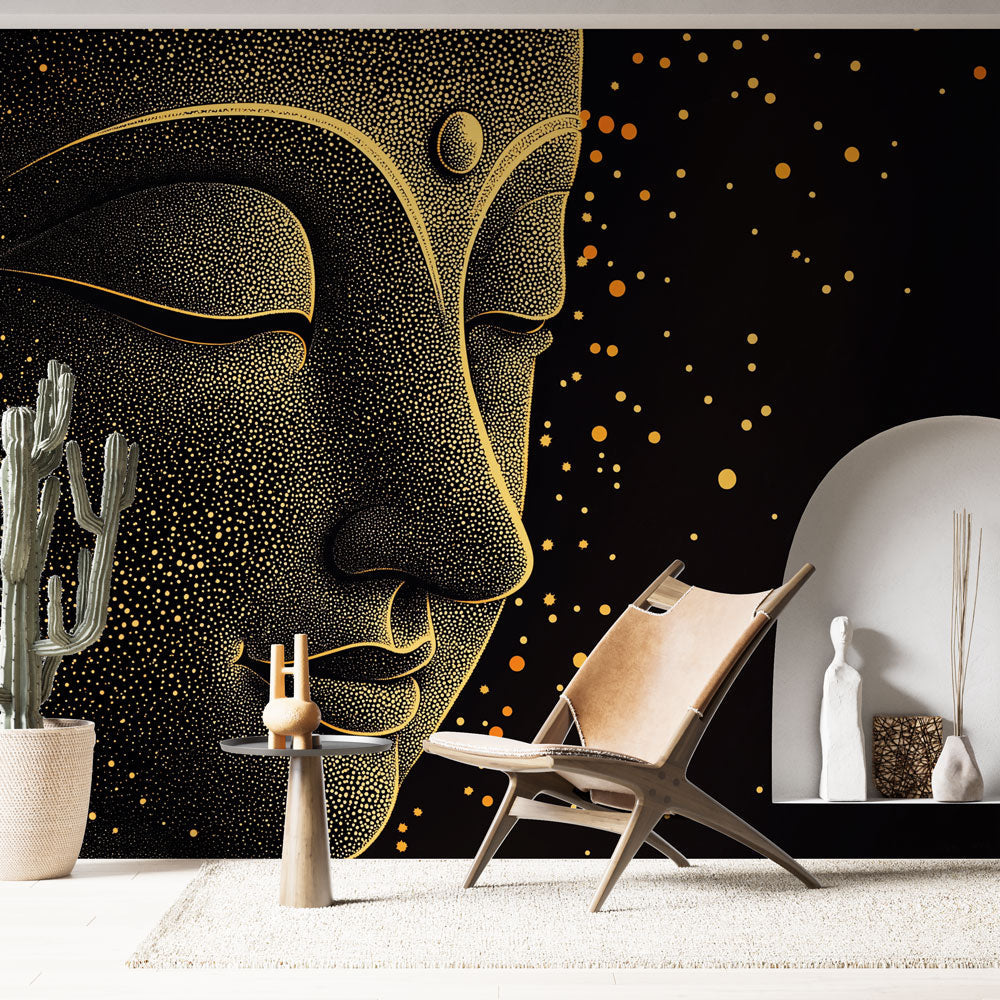 Buddha gold dot wall mural creating a peaceful atmosphere in a modern meditation room with minimalist furniture