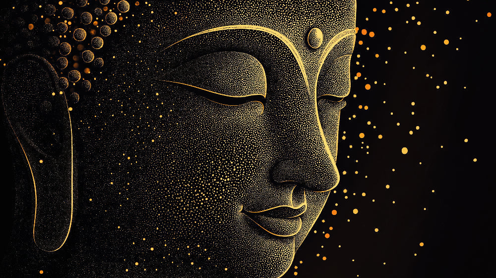 Buddha wall mural design file showing intricate golden dot pattern on black background