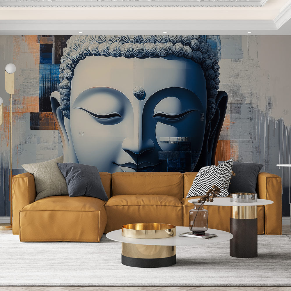 Modern Buddha wallpaper mural in a minimalist meditation room with natural light and bamboo accents