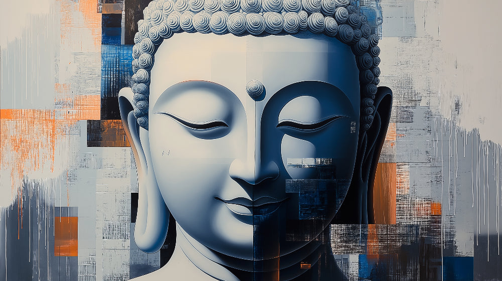 Buddha wall mural design file showing blue and orange abstract pattern with zen artwork