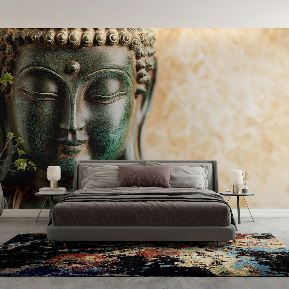 Buddha wall mural creating a peaceful meditation space in a modern living room with natural light and minimalist furniture