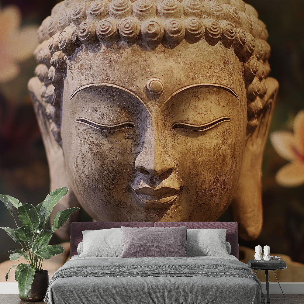 Buddha wallpaper mural creating a peaceful atmosphere in a modern meditation room with natural light and bamboo accents