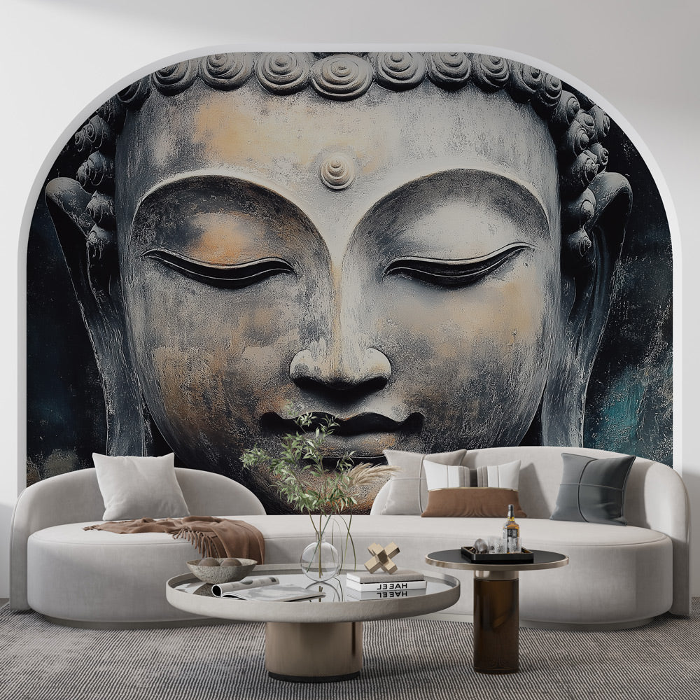 Buddha wall mural creating a peaceful meditation space in a modern living room with natural light and minimalist furniture