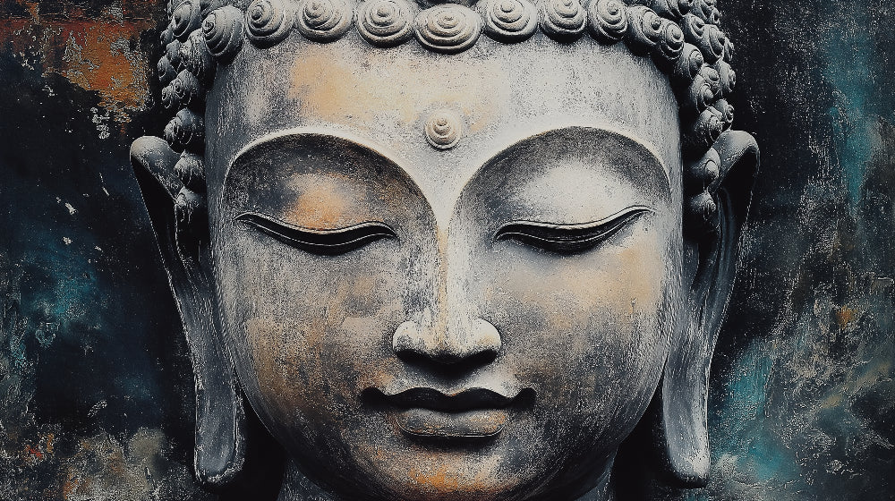 Stone Buddha wallpaper design file showing detailed textures and serene grey tones