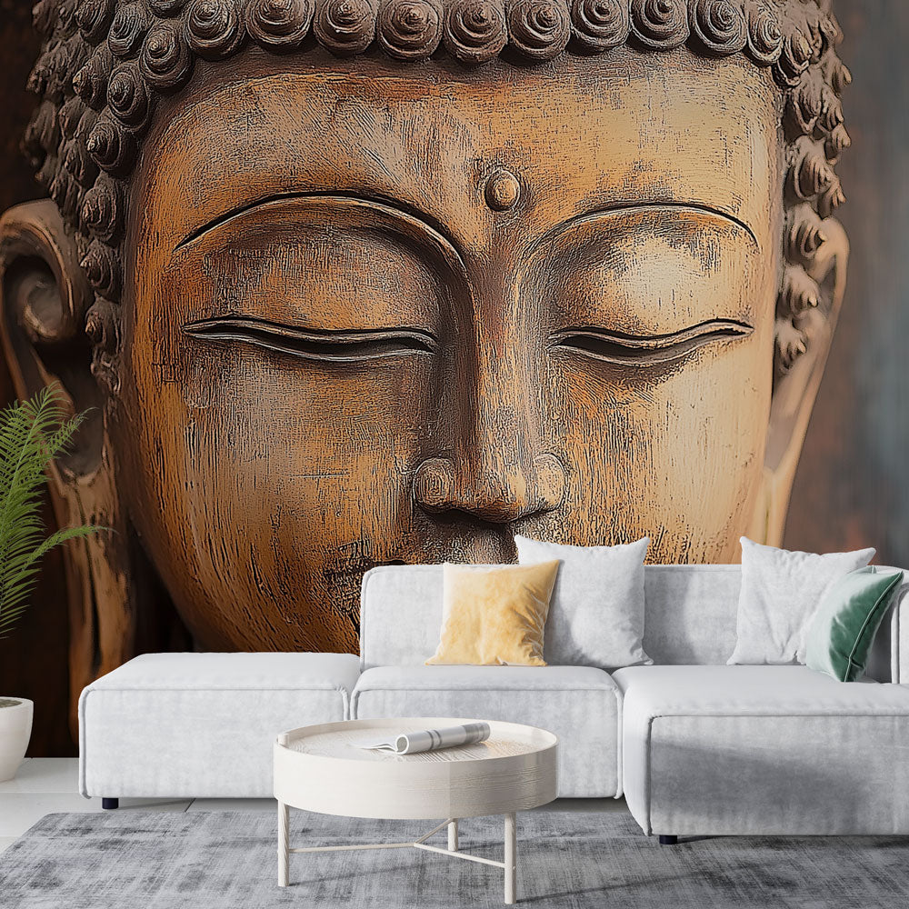 Buddha wall mural creating a peaceful meditation corner in a modern living room with natural light and plants